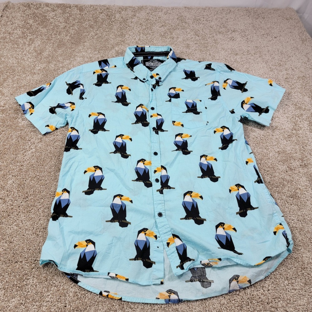 Five Points Toucan Bird‎ Print Button Up Short Sleeve Shirt XL